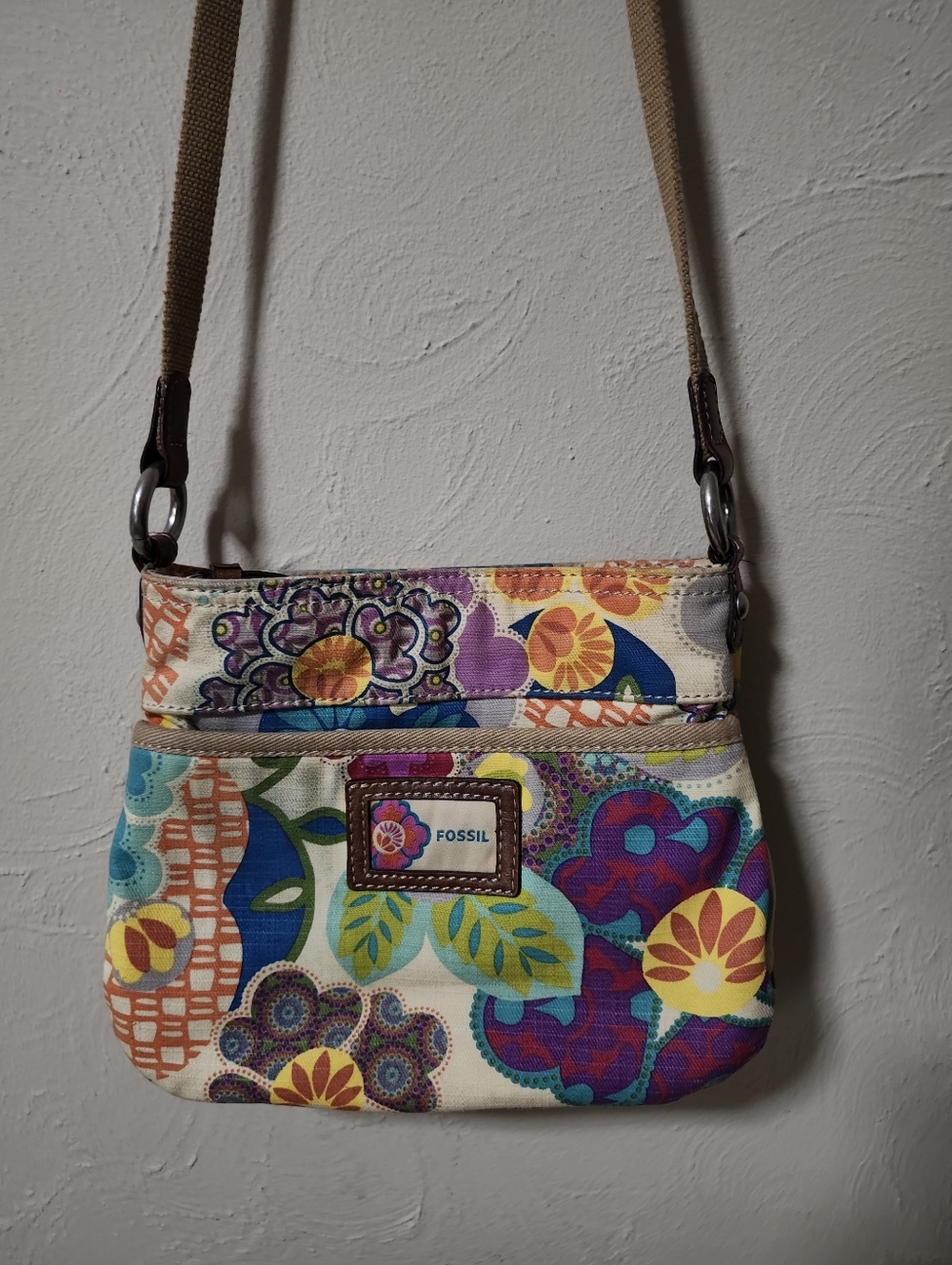 Fossil Multicolor Floral Print Crossbody with Tan Strap